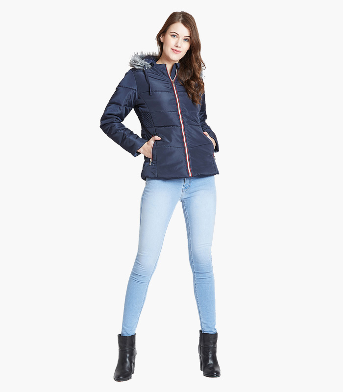 Women Navy Blue Solid Parka Jacket-2