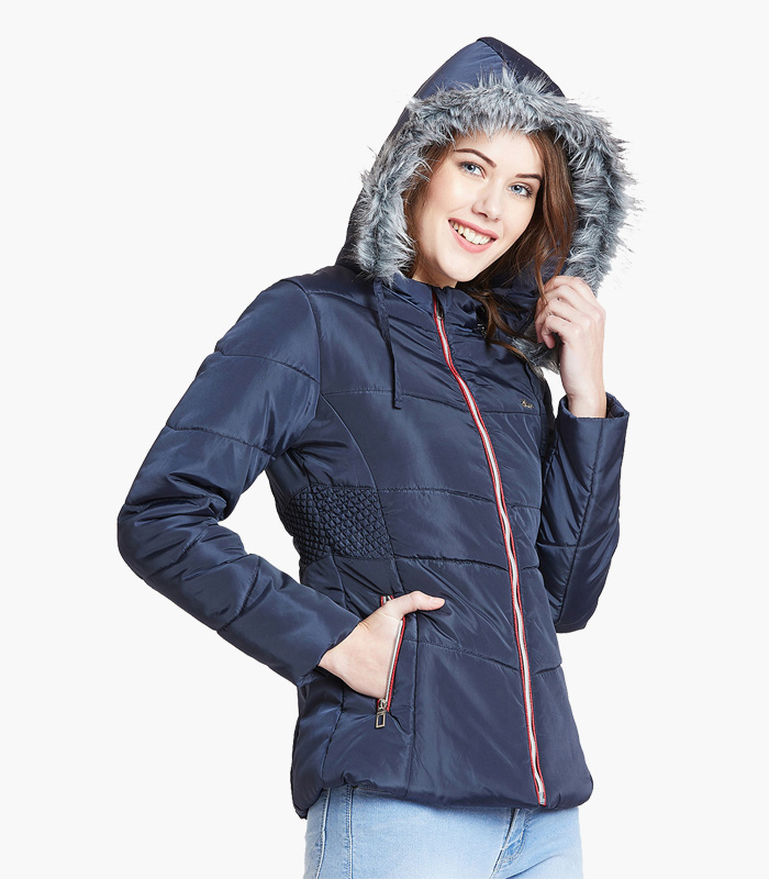 Women Navy Blue Solid Parka Jacket-3