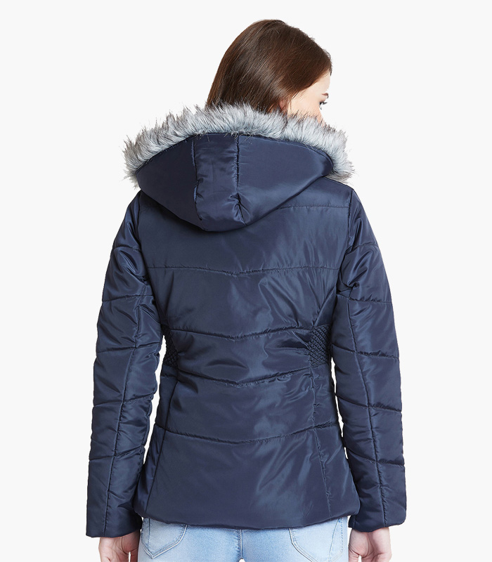 Women Navy Blue Solid Parka Jacket-4